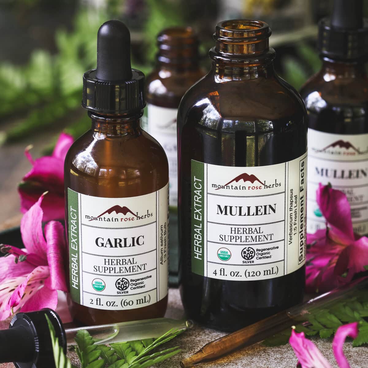Mountain Rose Herbs garlic and mullein herbal extract bottles with dropper and flowers, used in natural respiratory and immune support.